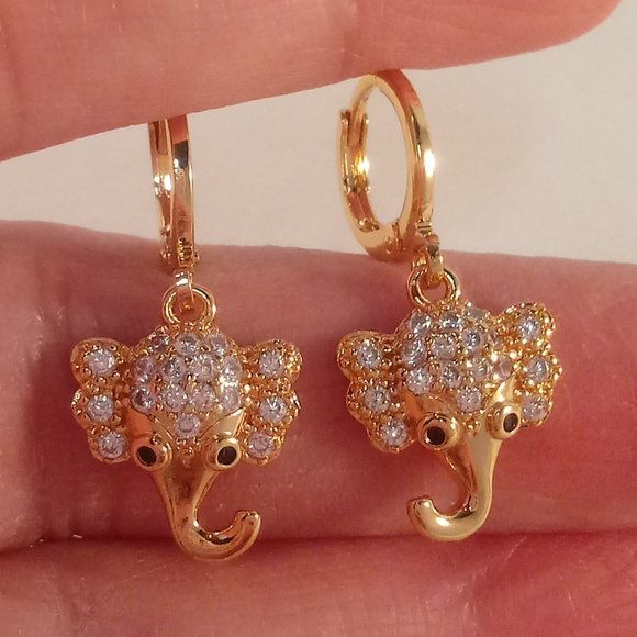18K Yellow Gold Filled Elephant Diamond Zircon Dangle Earrings Gorgeous Gift - Picture 1 of 4
